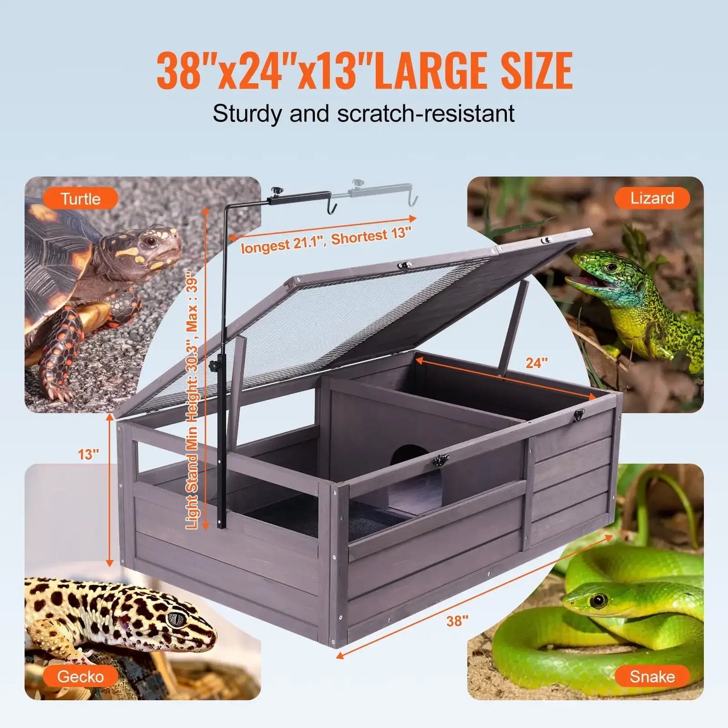 Tortoise Habitat Wooden Tortoise House Indoor Outdoor 2-Room 38x24x13in