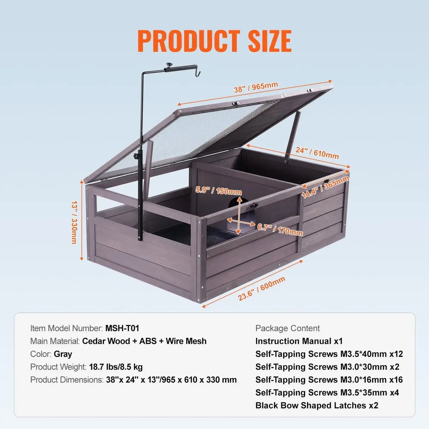 Tortoise Habitat Wooden Tortoise House Indoor  Outdoor 2-Room 38x24x13in